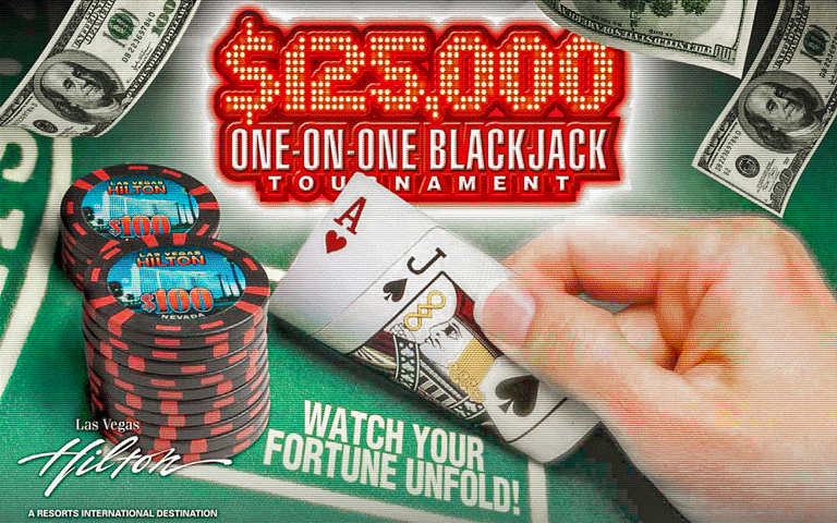Lenticular postcard mailer for $125,000 blackjack tournament at Las Vegas Hilton Casino